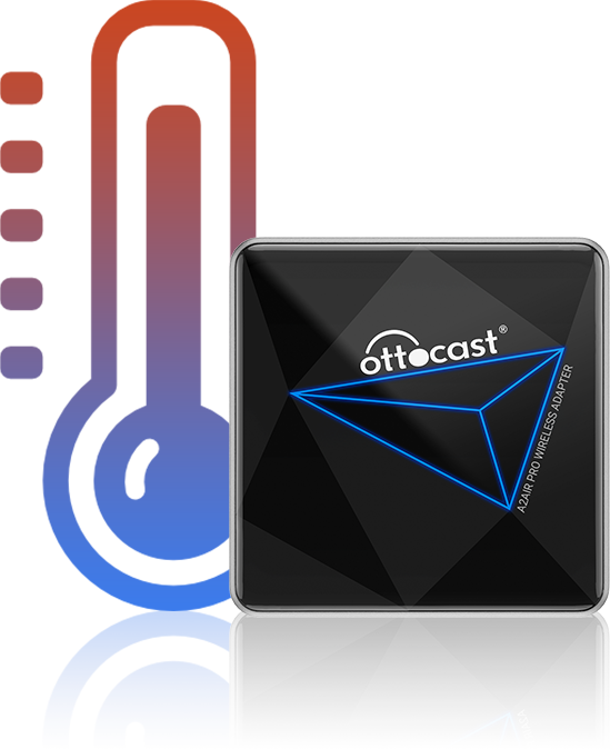 Ottocast wireless CarPlay adapter with temperature icon for stable performance in hot and cold conditions