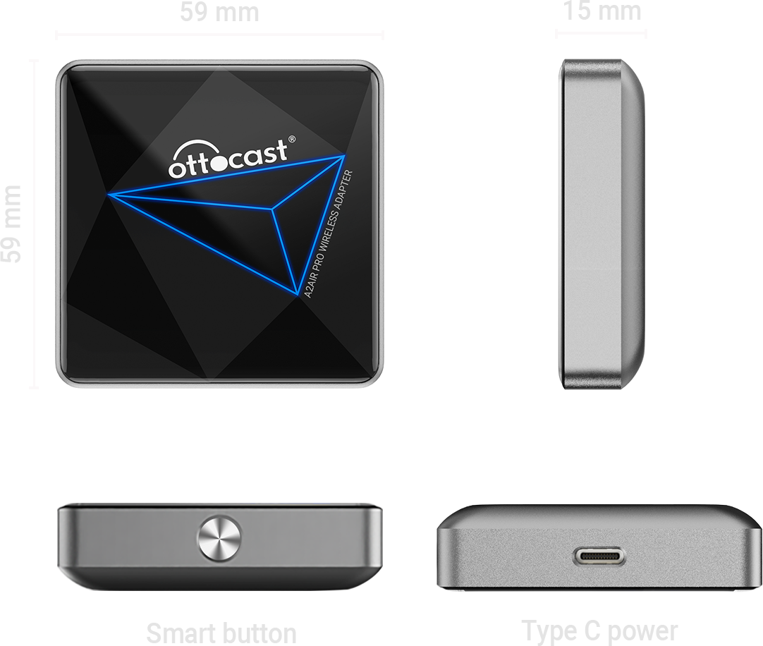 Ottocast U2Air Pro wireless CarPlay adapter product dimensions with smart button and Type-C power port