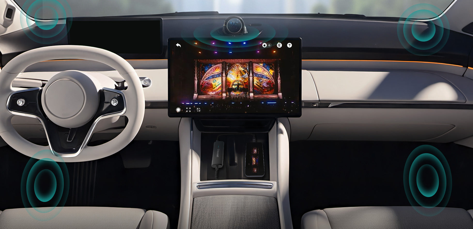 Ottocast CarPlay AI Box streaming video on car dashboard with surround sound system