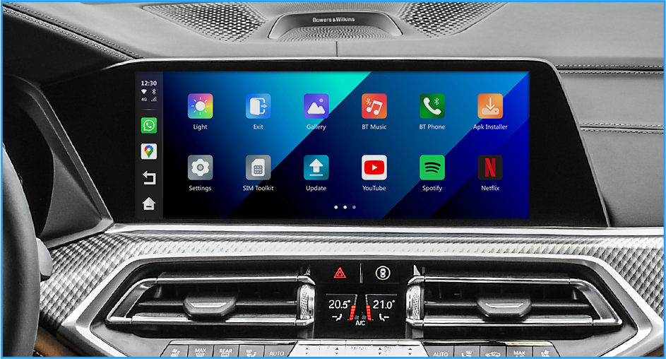 Car infotainment screen with apps like YouTube, Spotify, Netflix and navigation system display