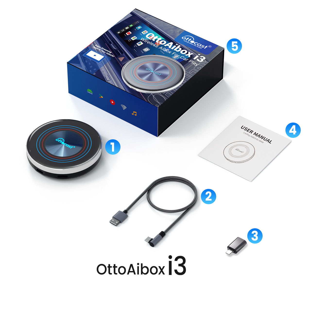 Ottocast OttoAiBox i3 wireless CarPlay adapter full package with device cable adapter user manual and box