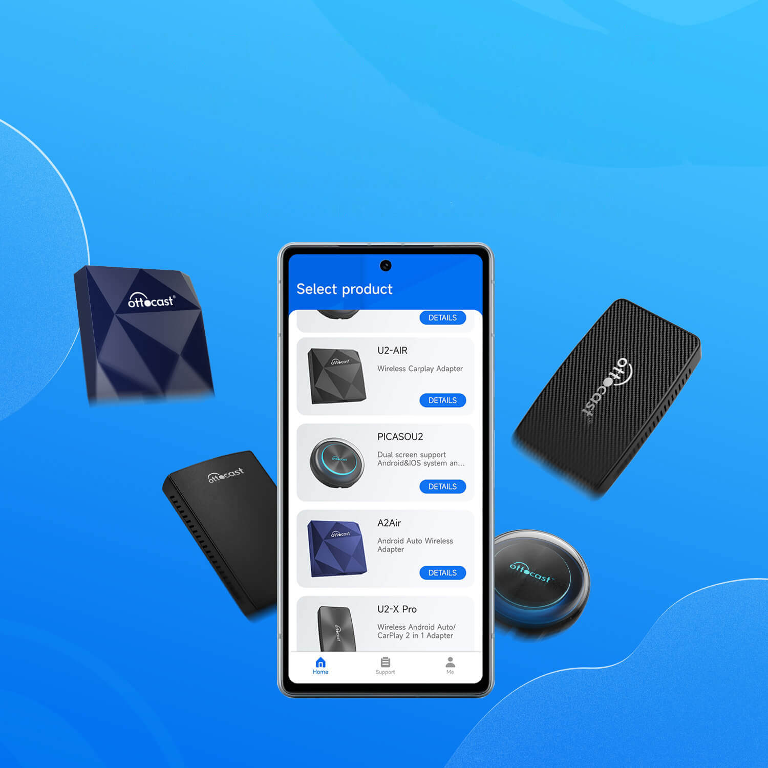 Ottocast product lineup including U2 Air Picasou2 A2Air U2X Pro wireless CarPlay Android Auto adapters with mobile app