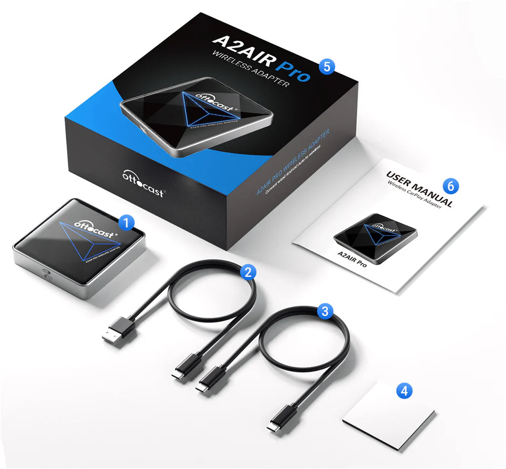 Ottocast A2Air Pro wireless CarPlay adapter full package with device, USB-C cables, user manual and box contents