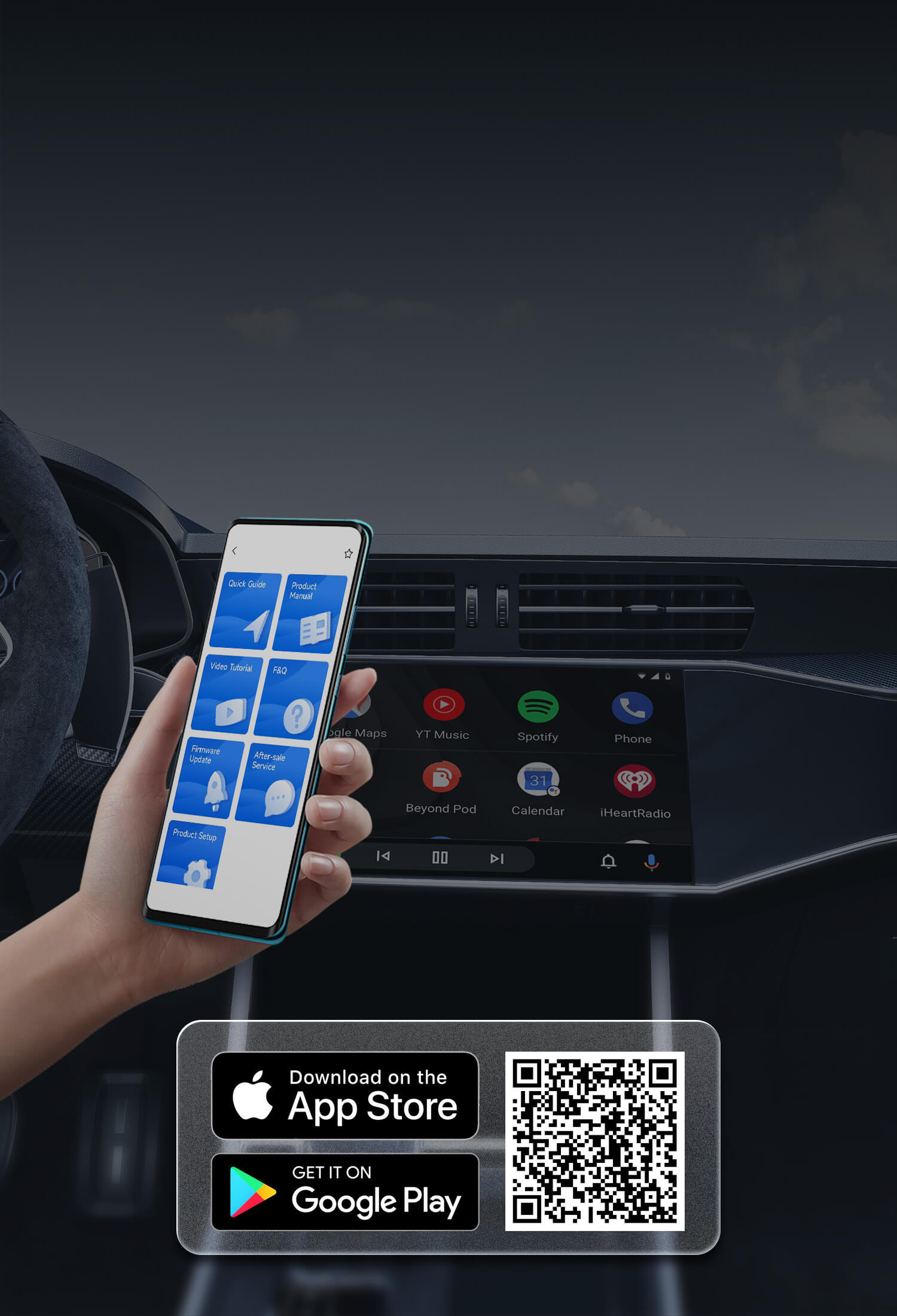 Ottocast app smartphone connected to car display with App Store and Google Play download options