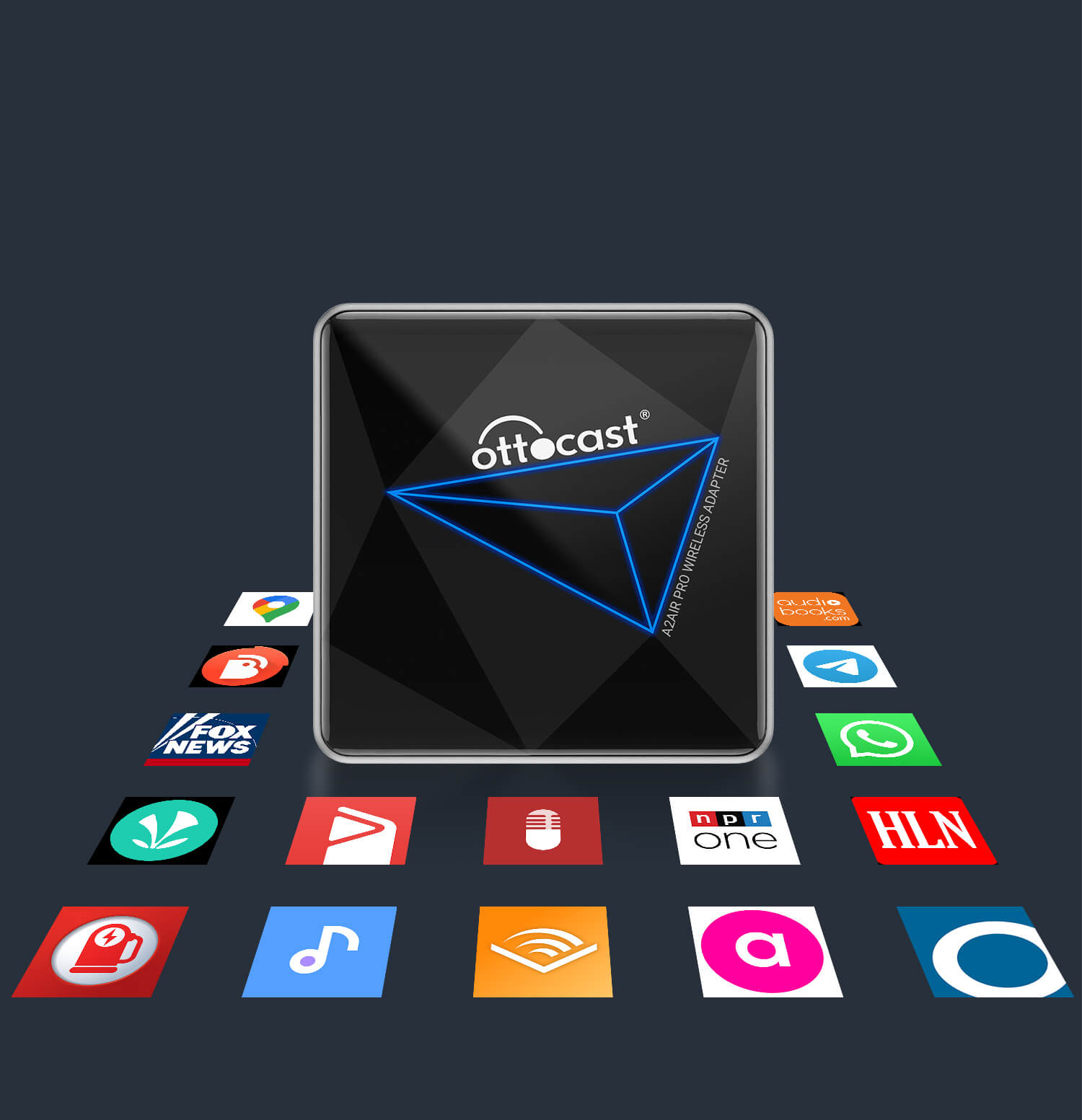 Ottocast U2Air Pro wireless CarPlay adapter compatible with multiple apps for streaming, navigation and in-car entertainment
