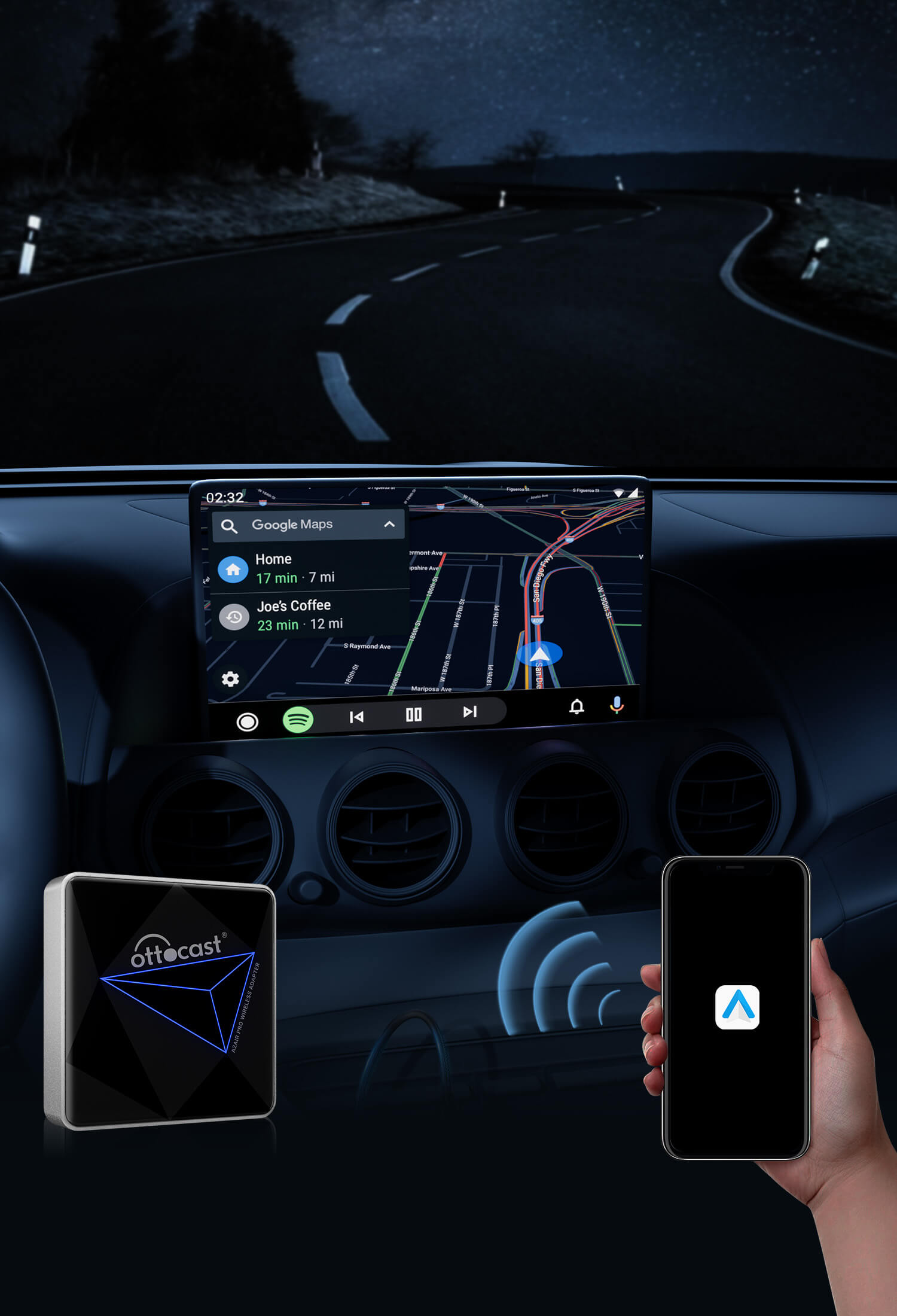 Ottocast wireless CarPlay adapter showing Google Maps navigation and Spotify on car screen with smartphone connection