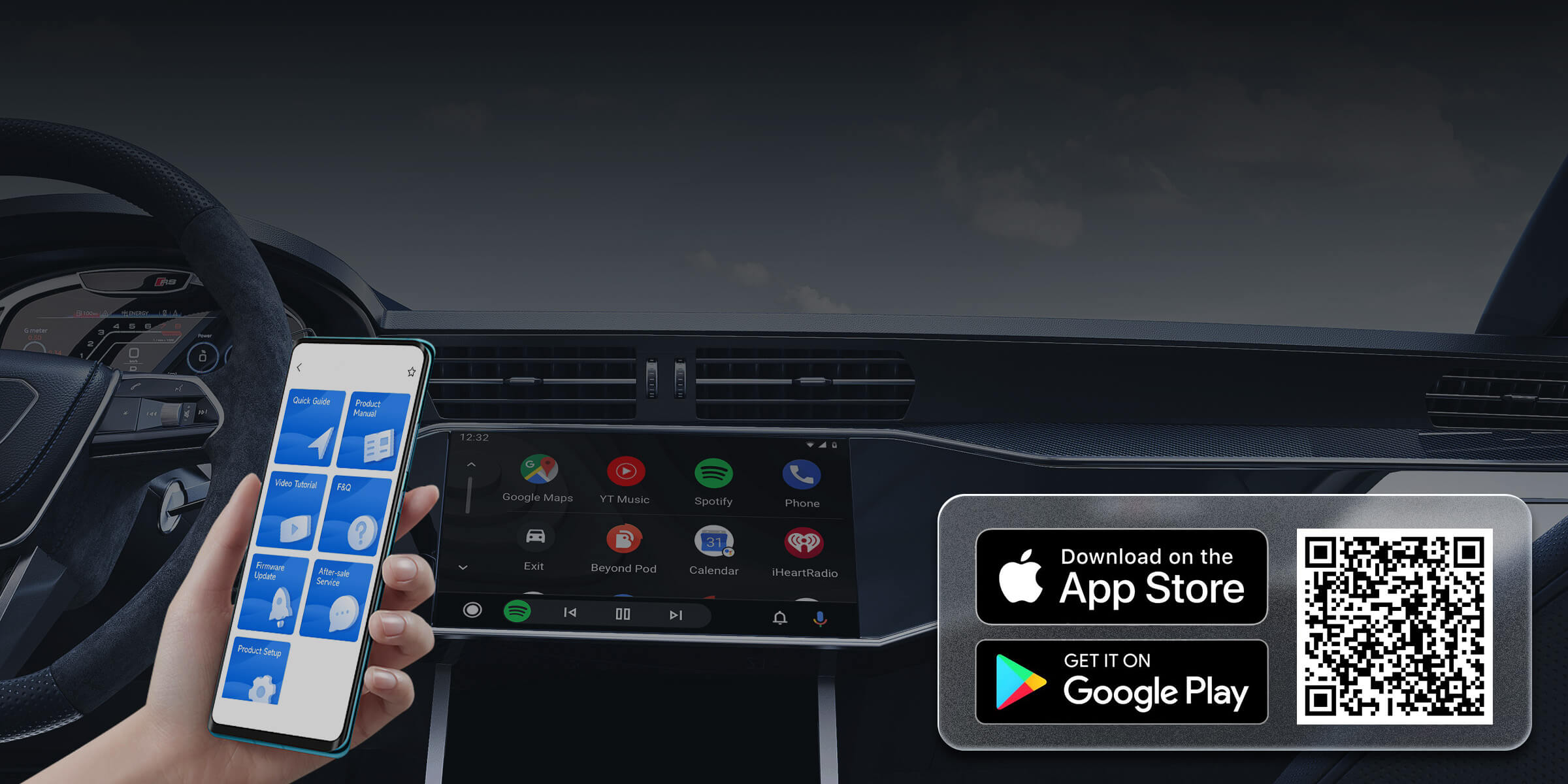 Ottocast app for Android Auto and CarPlay setup with QR code download on App Store and Google Play
