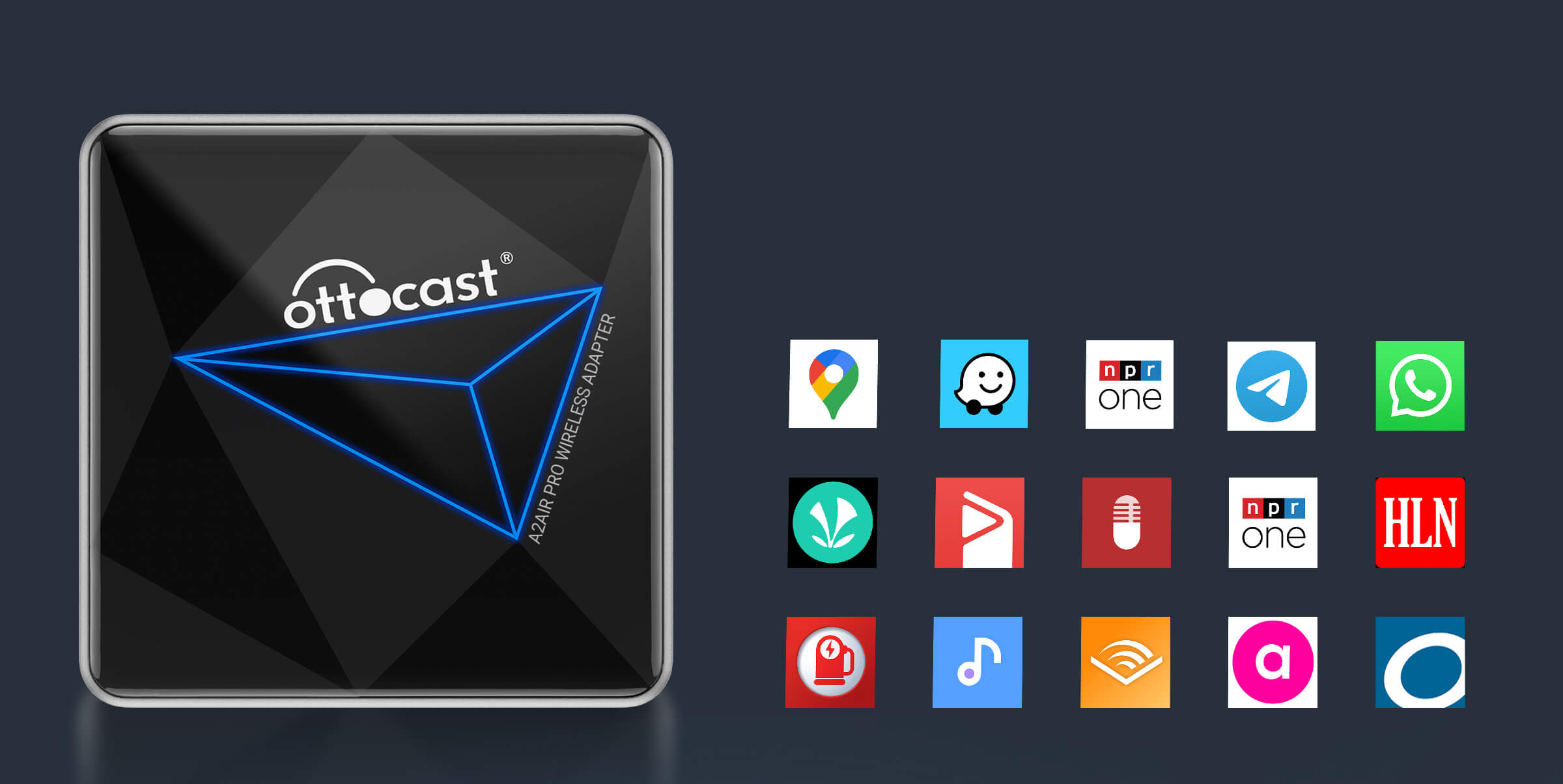 Ottocast A2Air Pro wireless CarPlay adapter compatible with Google Maps, Waze, WhatsApp, Spotify and more apps