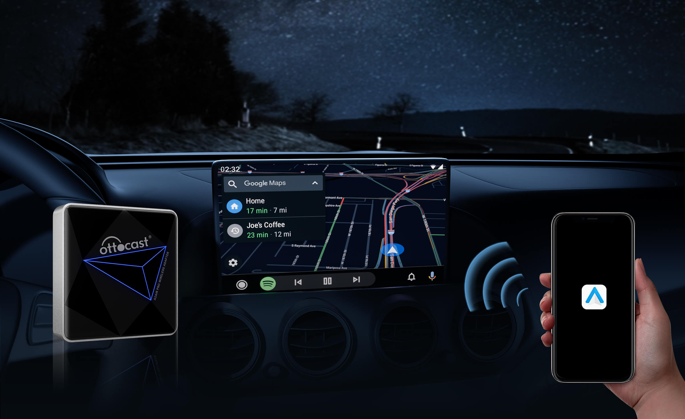 Ottocast wireless CarPlay adapter with Google Maps navigation and smartphone connection for night driving