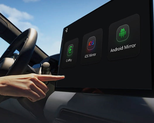 Driver using Ottocast wireless adapter on car display with options for CarPlay, iOS Mirror and Android Mirror connectivity