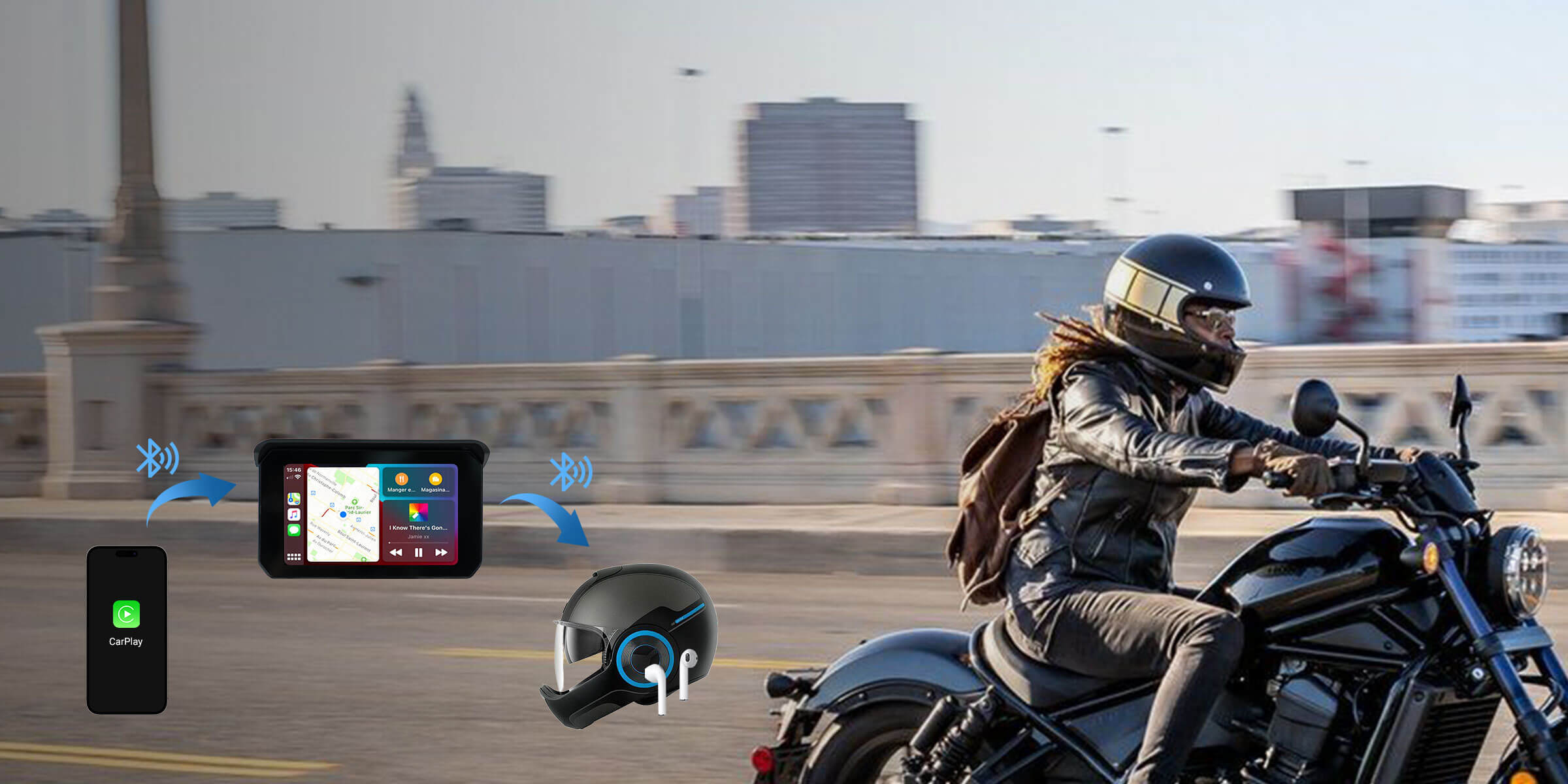 Ottocast motorcycle CarPlay display with Bluetooth helmet connection for navigation and wireless audio