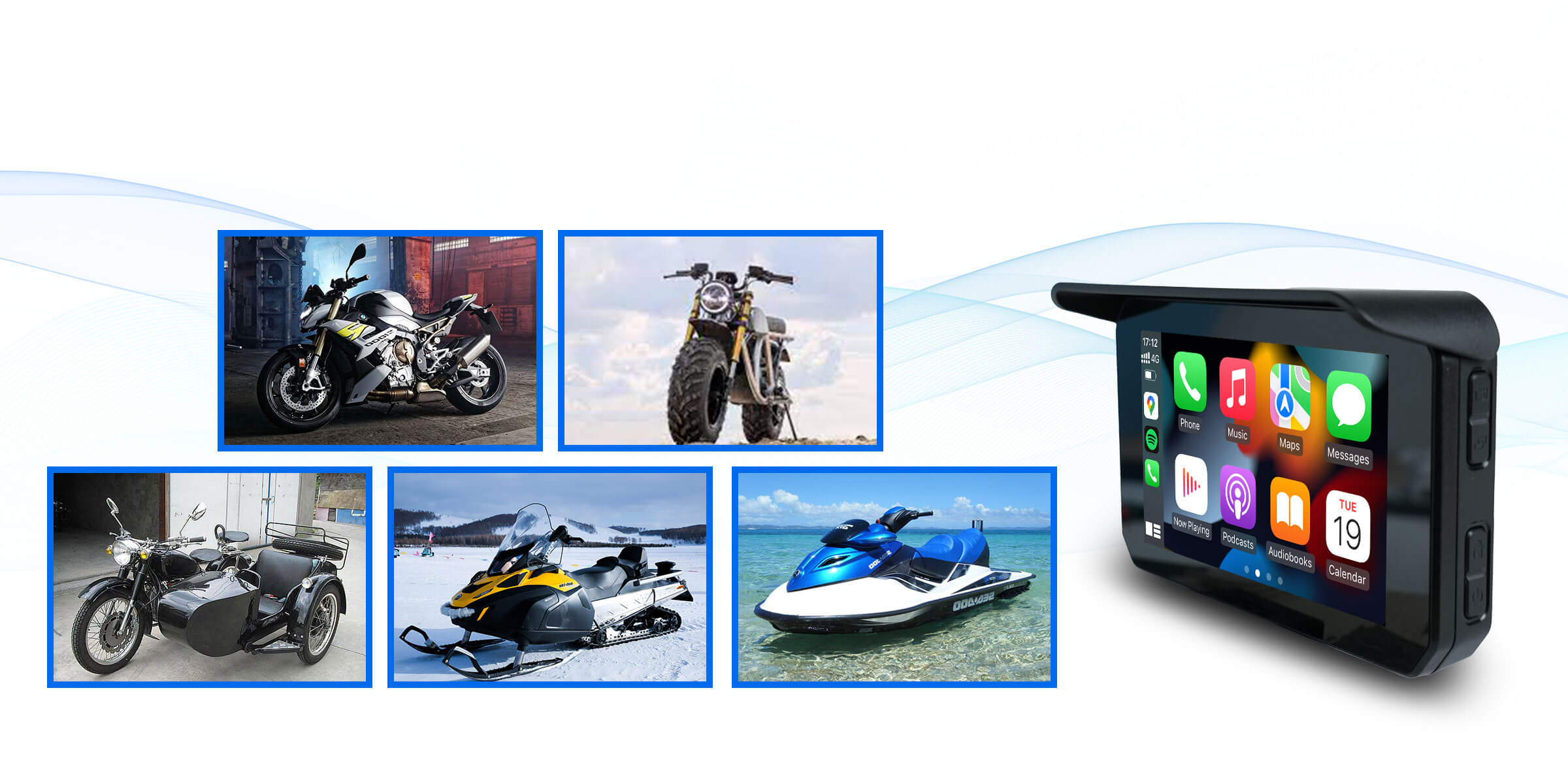 Ottocast CarPlay display for motorcycles, ATVs, snowmobiles, and jet skis with navigation and entertainment apps