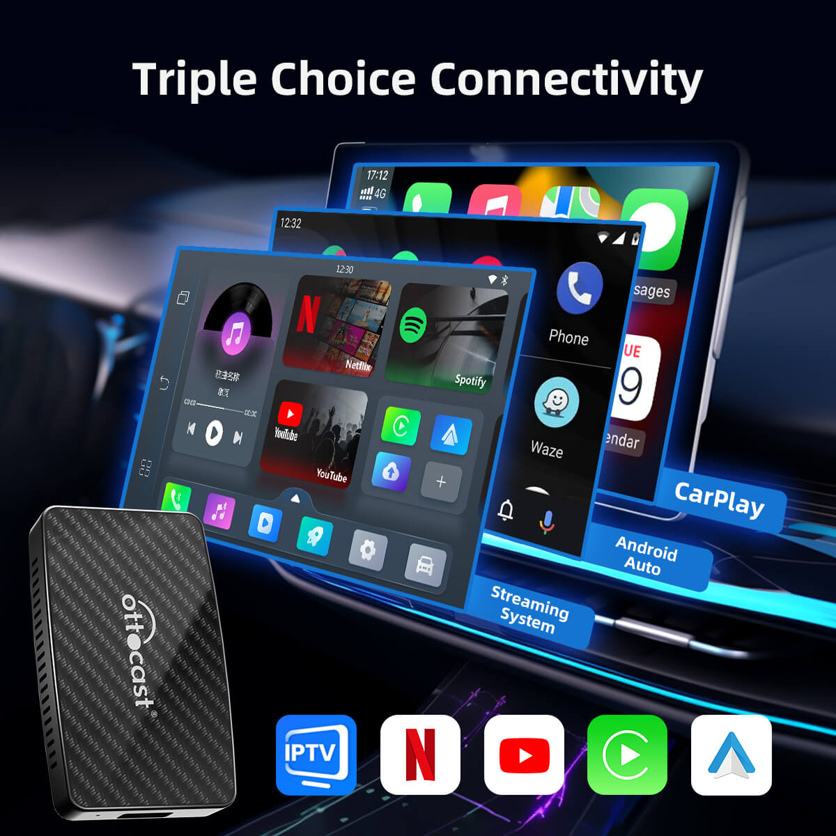 (Tairiscint Speisialta Inniu 40% AS) Oiriúnóir Gan Sreang CarPlay/Android Auto Play2Video Pro le YouTube & Netflix