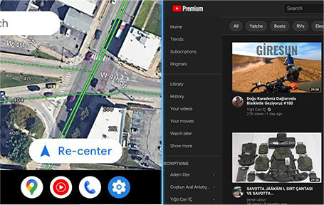 Car display running Google Maps navigation and YouTube app with Ottocast wireless CarPlay adapter
