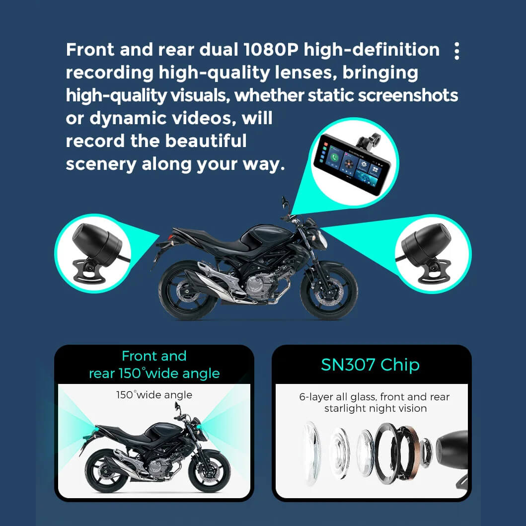 Motorcycle dual 1080P front and rear camera with 150 degree wide angle and SN307 chip for night vision recording