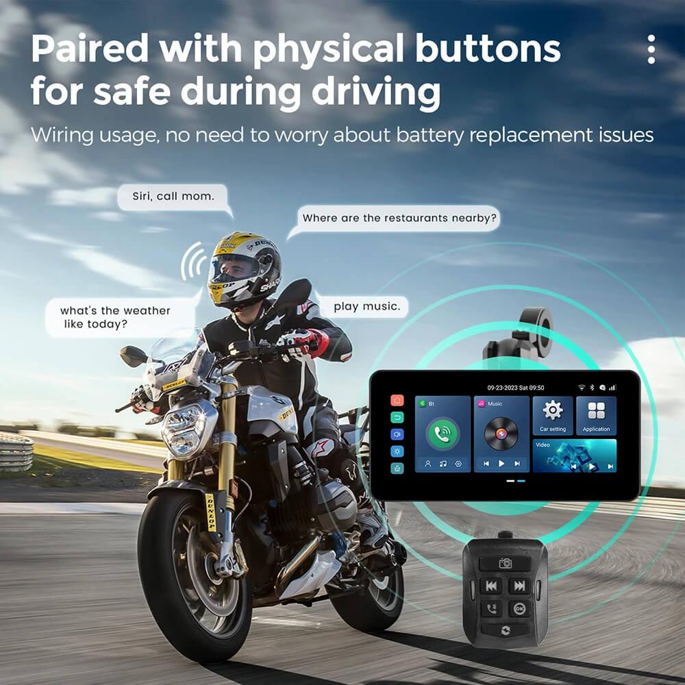 Motorcycle rider using Ottocast display with physical buttons and voice assistant for safe CarPlay Android Auto control