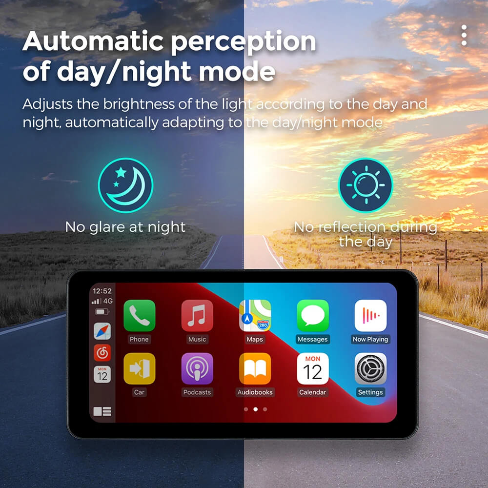 Wireless CarPlay display with automatic day and night mode for glare-free driving visibility