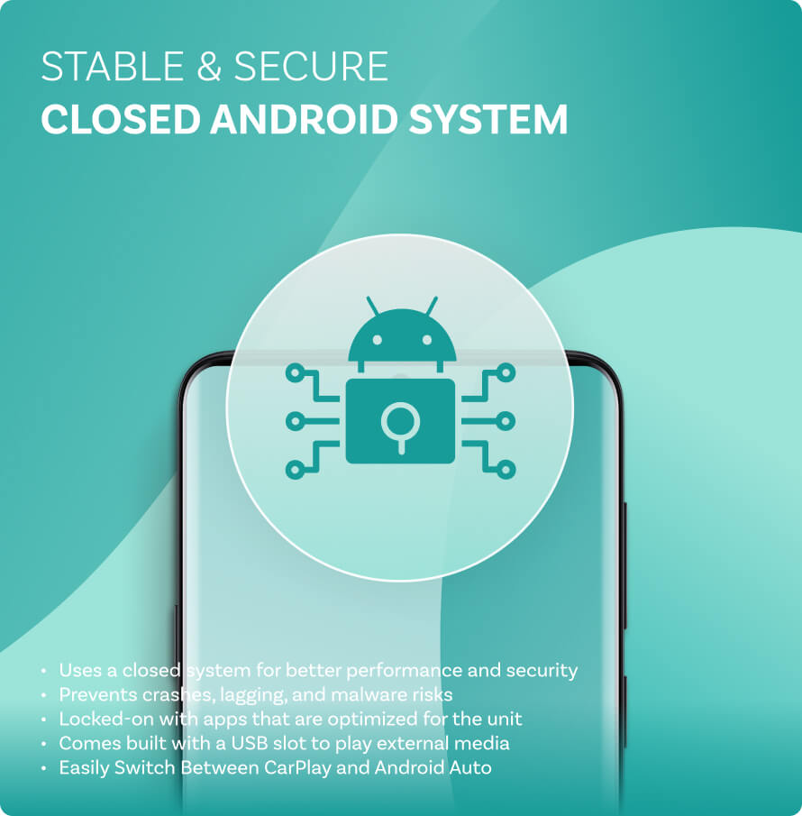 Wireless CarPlay adapter with stable closed Android system, secure performance, USB media playback, and seamless switching between CarPlay and Android Auto.