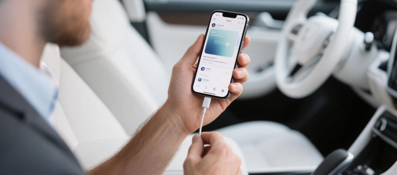 Man holding smartphone connected via USB cable inside modern white car interior for Ottocast CarPlay adapter setup