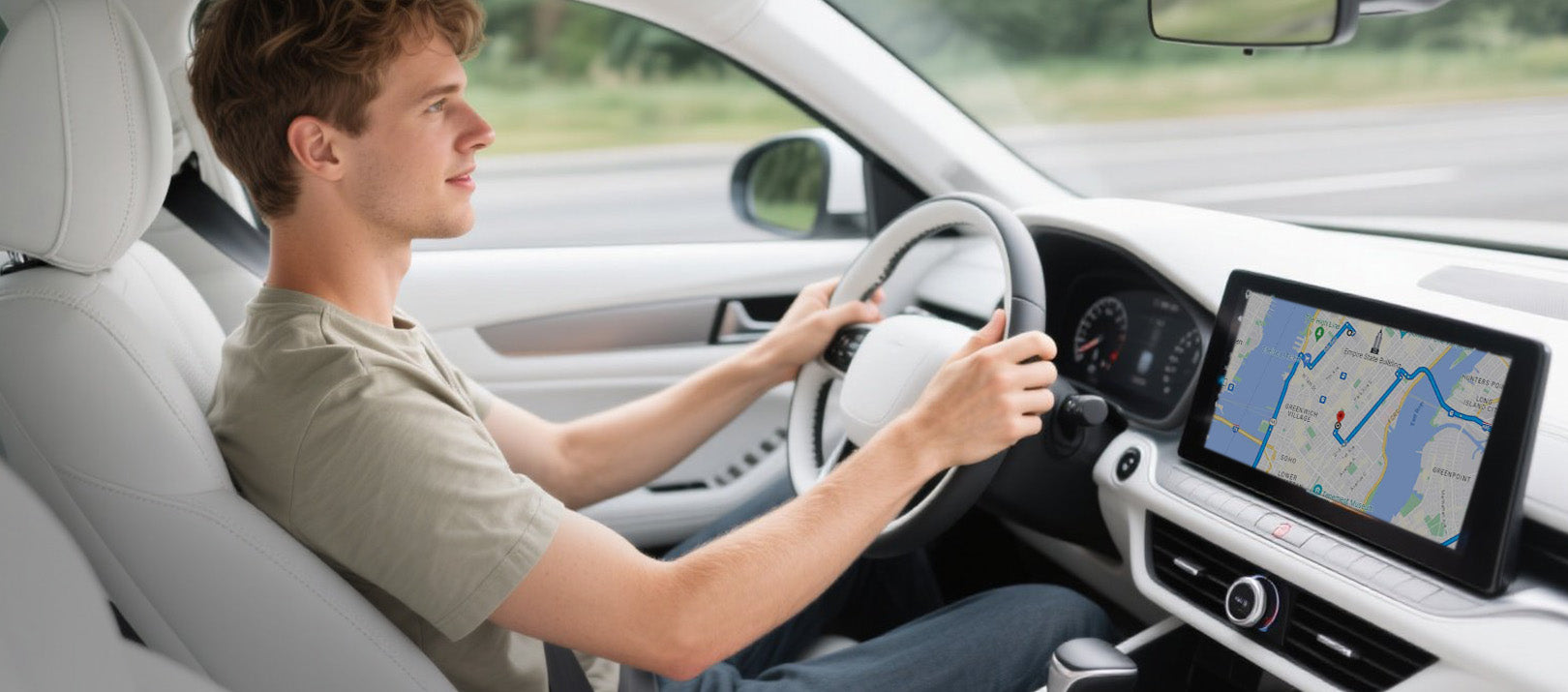 Driver using car navigation screen with Ottocast wireless adapter for CarPlay and Android Auto