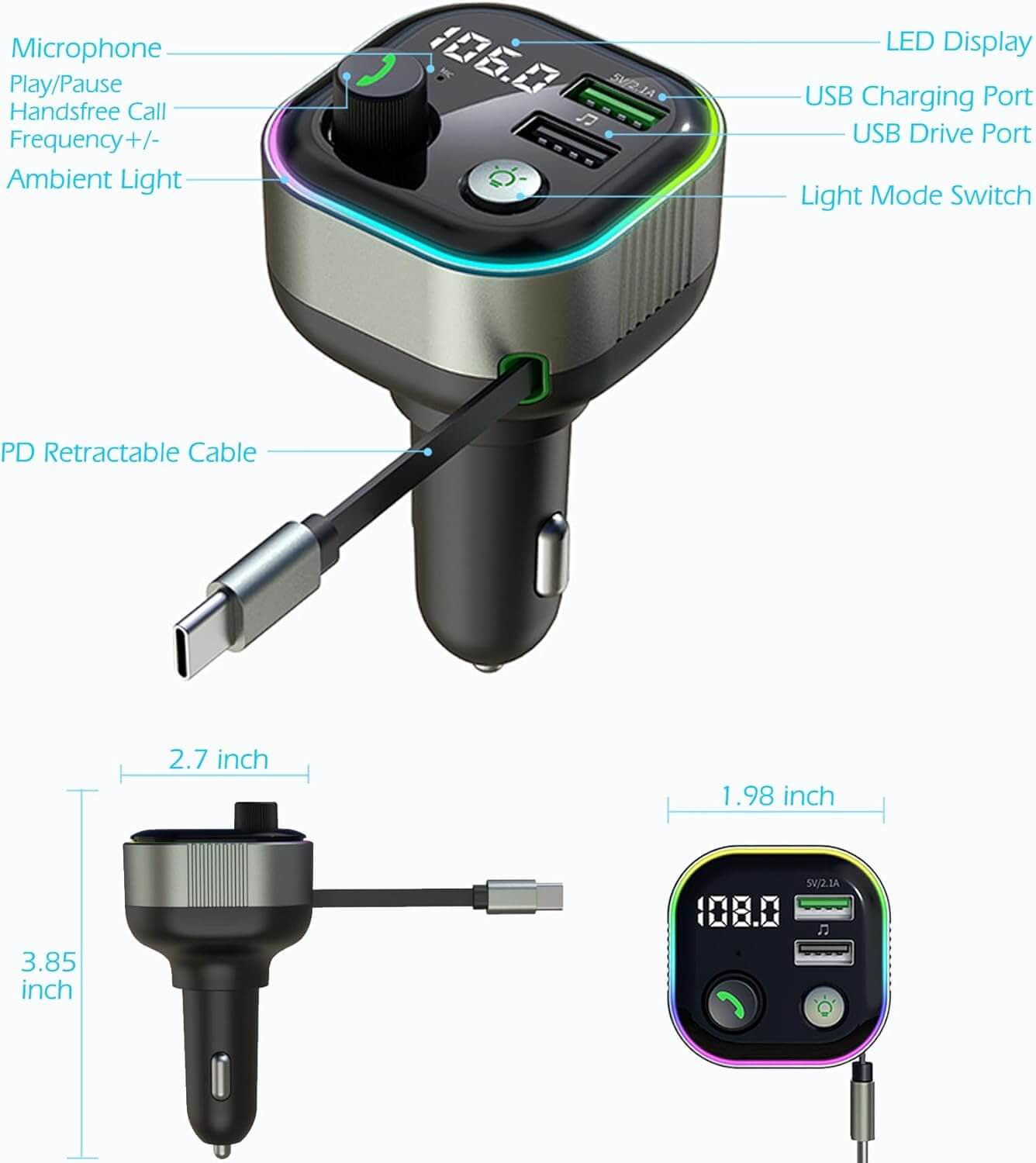 65W Bluetooth Car MP3 Player & Charger
