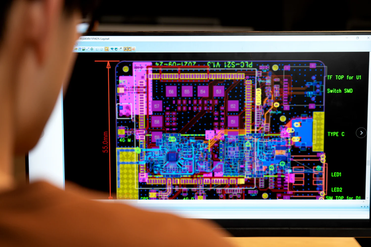 Engineer designing Ottocast wireless adapter circuit board layout on computer screen
