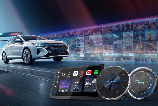 Ottocast in-car entertainment system with smart display and control knobs for navigation, streaming and driving