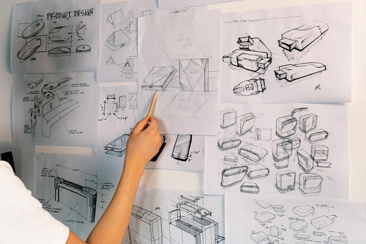 Ottocast product design sketches showing wireless CarPlay and Android Auto adapter innovation process