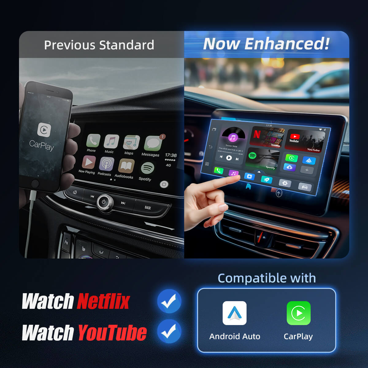 (Tairiscint Speisialta Inniu 40% AS) Oiriúnóir Gan Sreang CarPlay/Android Auto Play2Video Pro le YouTube & Netflix