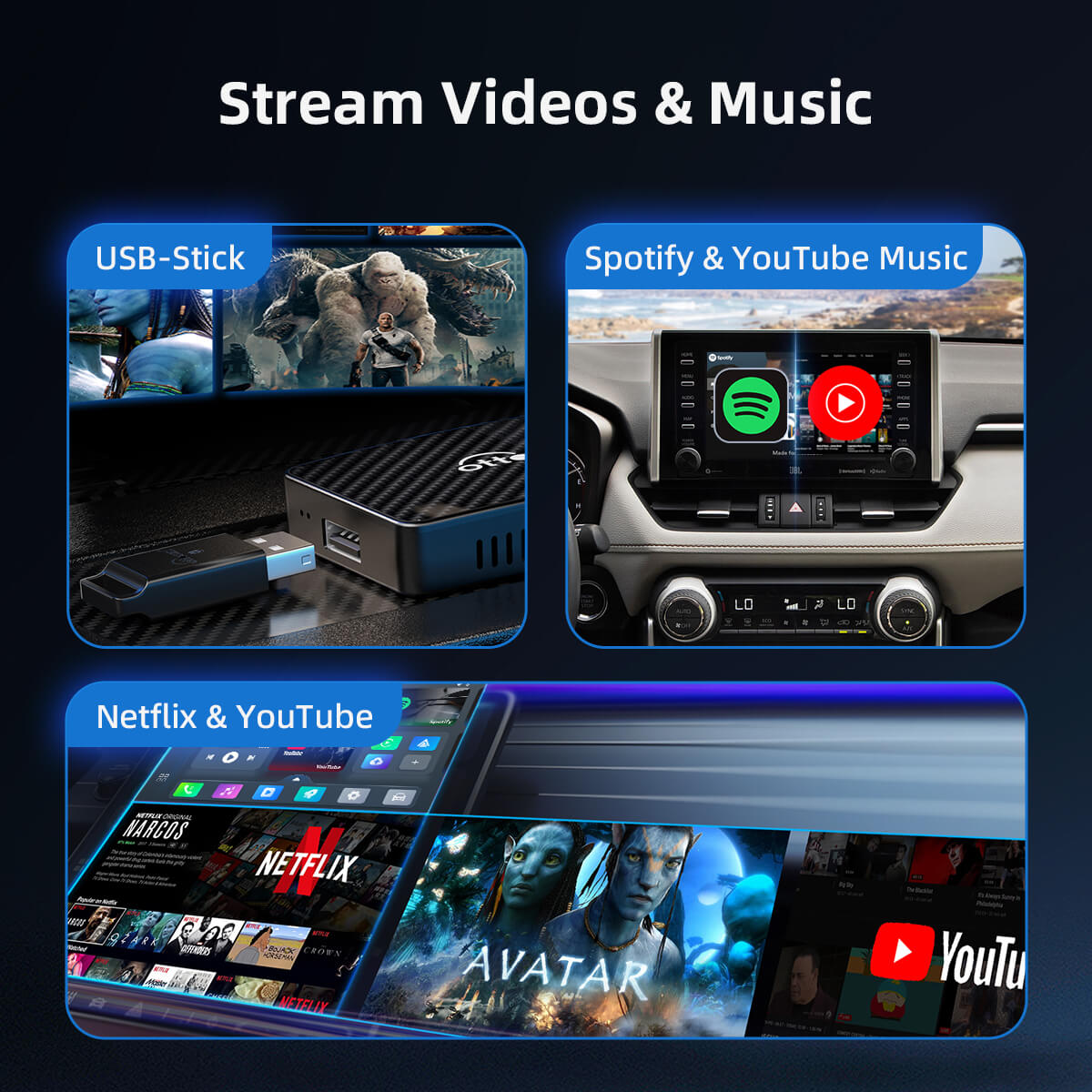 (Tairiscint Speisialta Inniu 40% AS) Oiriúnóir Gan Sreang CarPlay/Android Auto Play2Video Pro le YouTube & Netflix