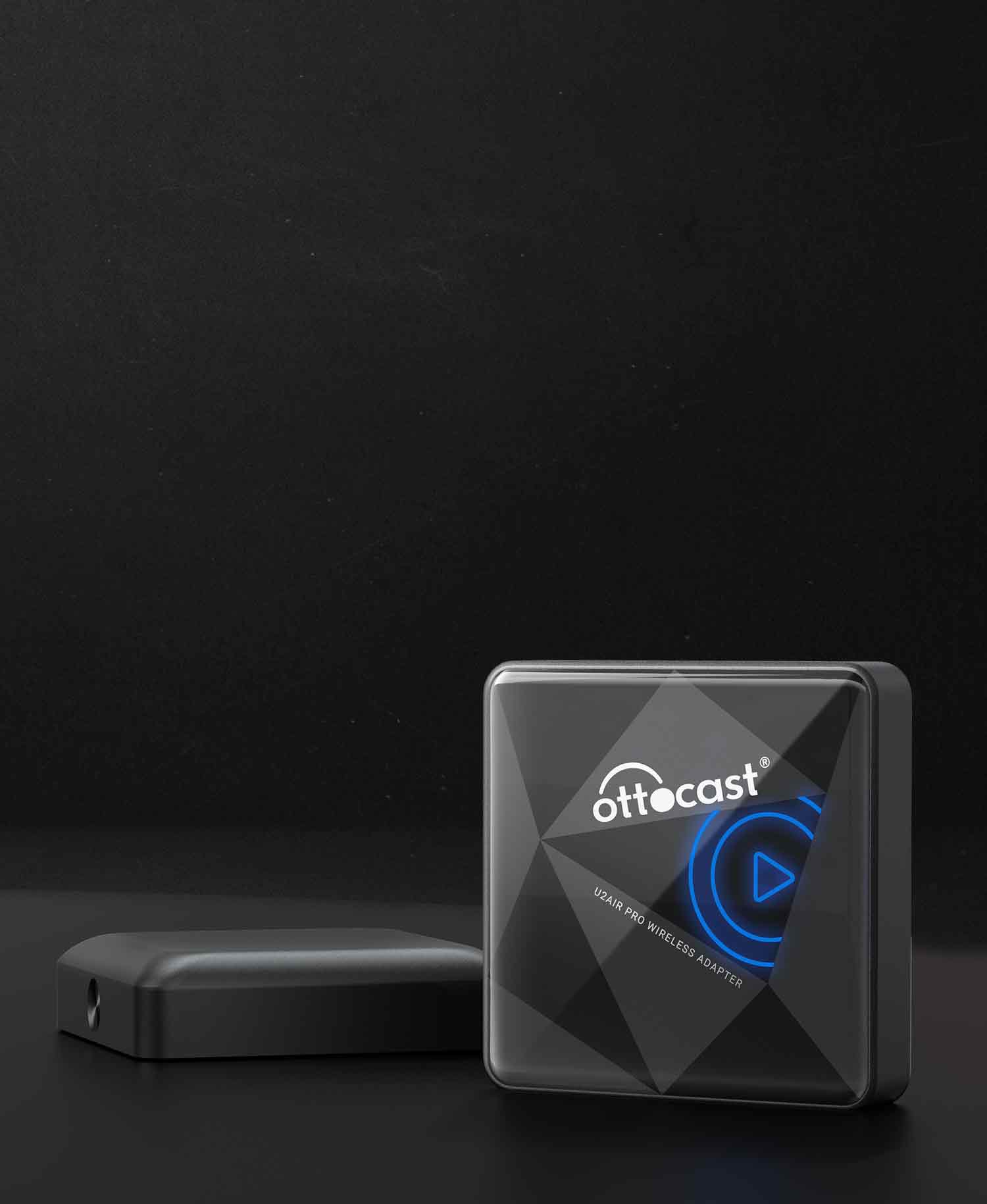 Ottocast U2-Air Pro wireless CarPlay adapter with sleek black design and illuminated play icon for seamless in-car connectivity