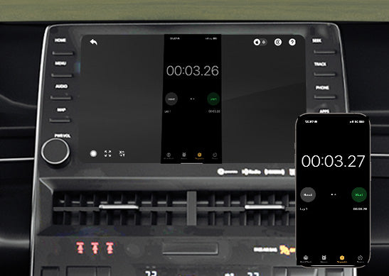 Car dashboard screen mirroring smartphone with Ottocast adapter real-time sync stopwatch display