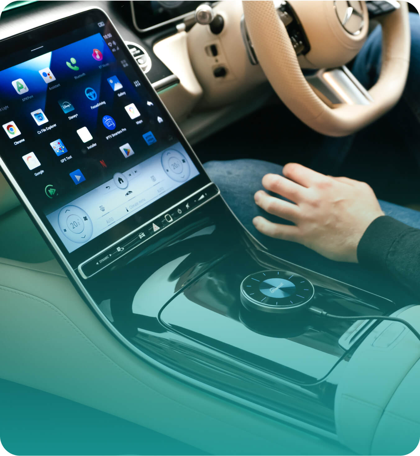Ottocast CarPlay AI Box P3 connected to car dashboard touchscreen for Android Auto and wireless CarPlay navigation