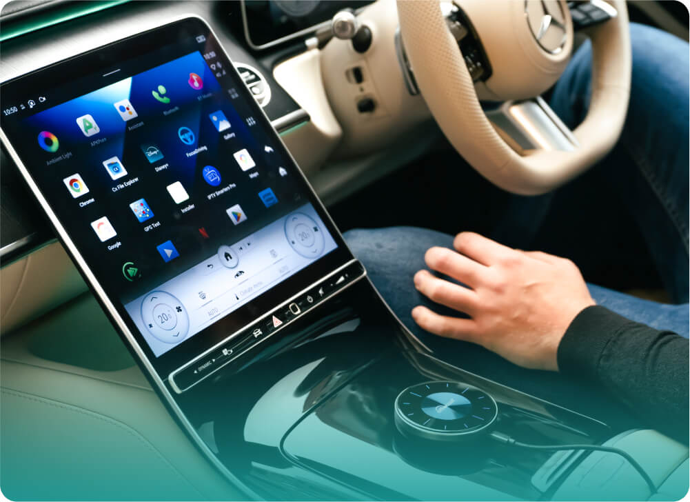 Ottocast P3 CarPlay AI Box in Mercedes touchscreen display for wireless Android Auto and CarPlay