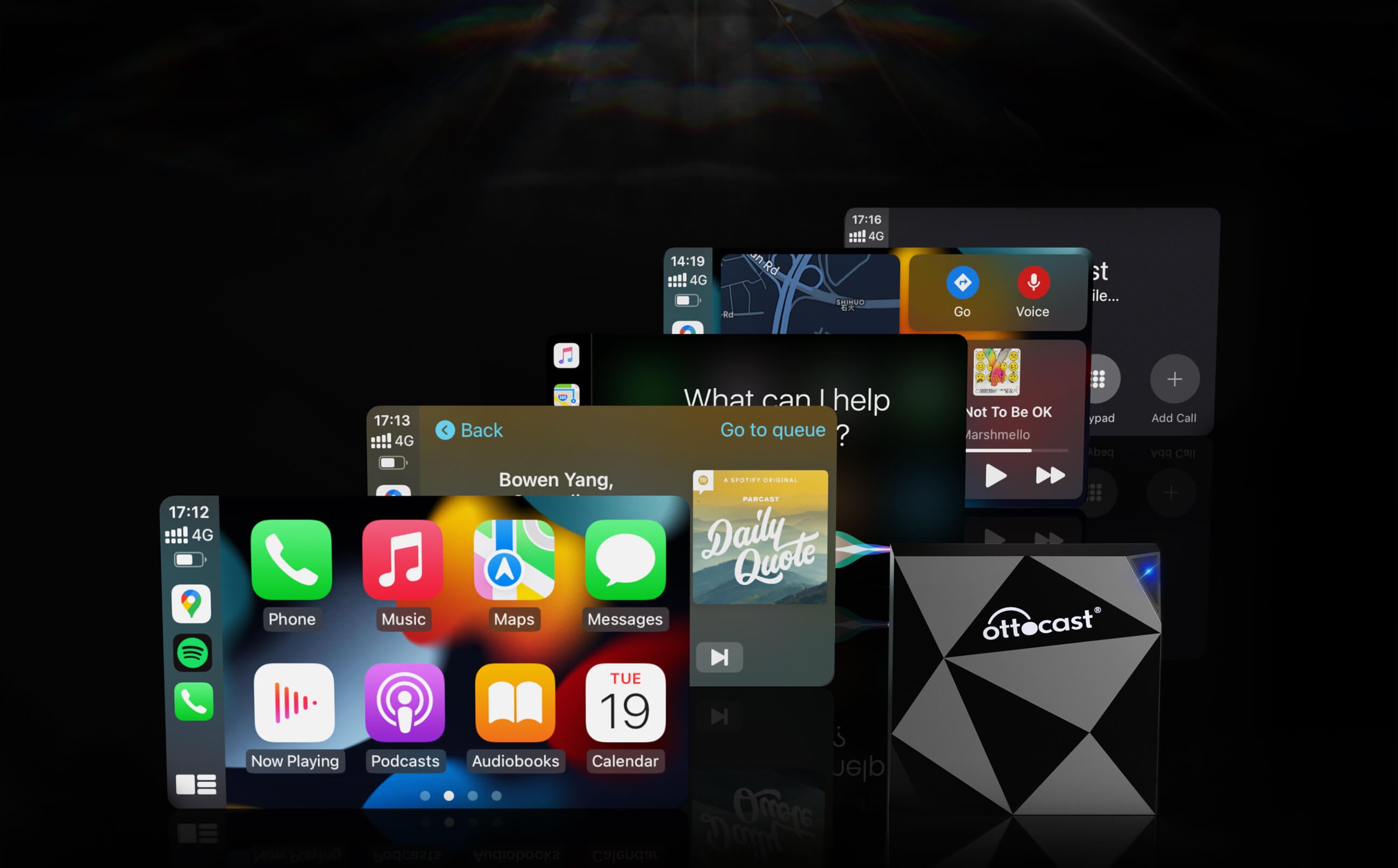 Ottocast wireless CarPlay adapter with dashboard apps including music, maps, messages, podcasts and Spotify