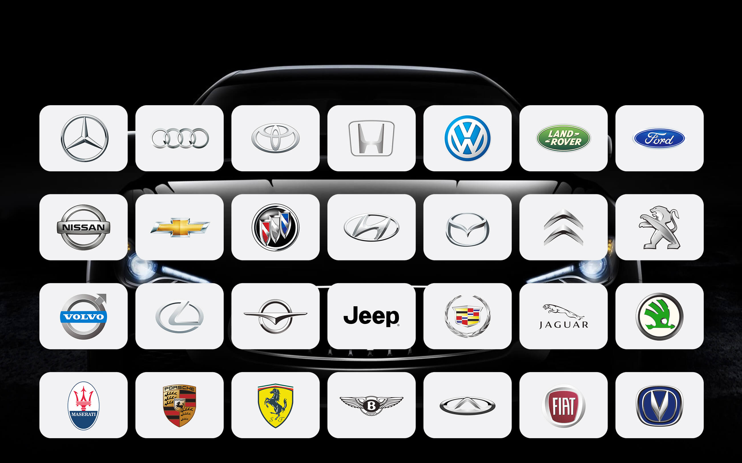 Car brand logos supported by Ottocast wireless CarPlay Android Auto adapters including Mercedes, BMW, Audi, Toyota, Ford